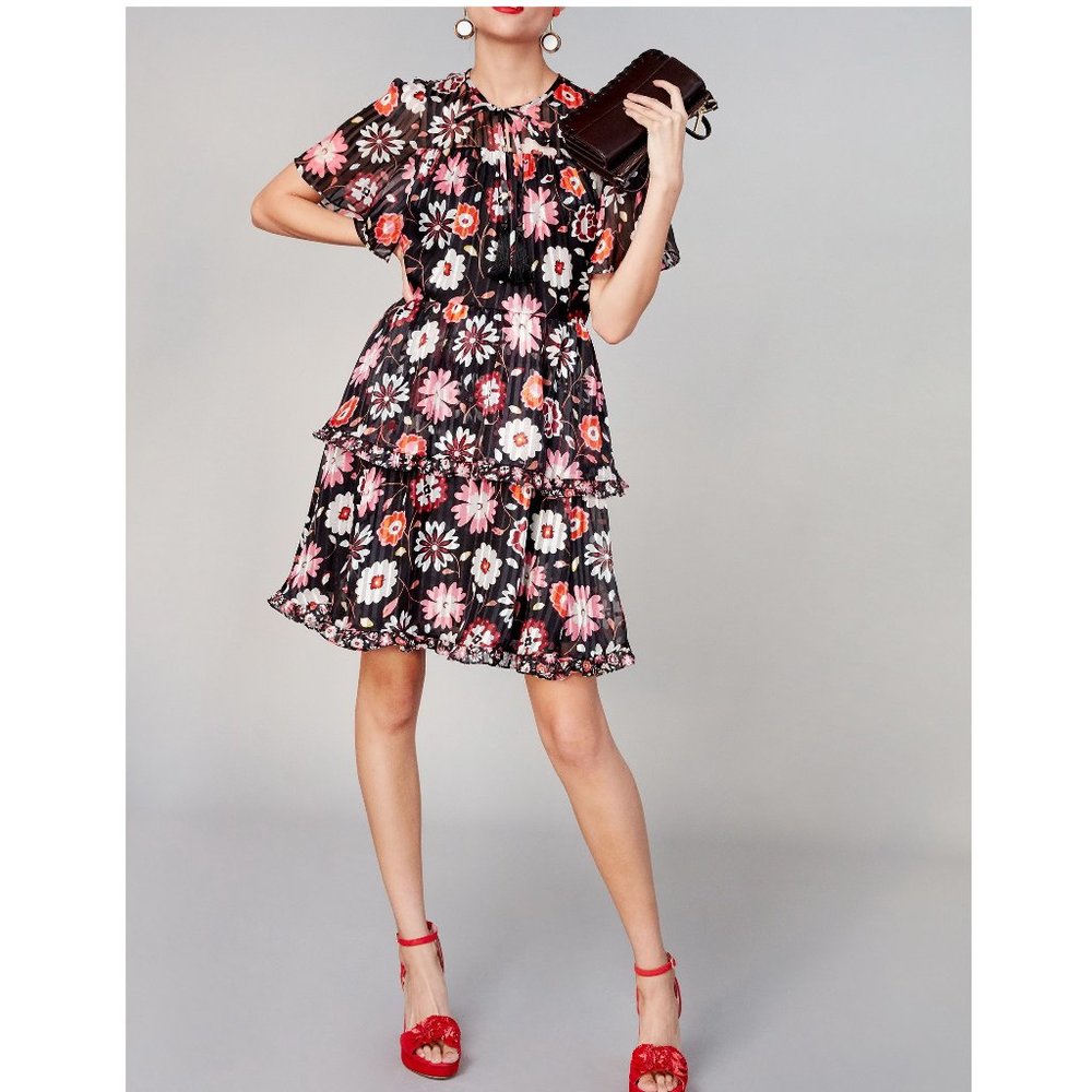 NWT Kate Spade Flora Black Silk Dress Size 10 Flutter Sleeves Tassel Tie Lined